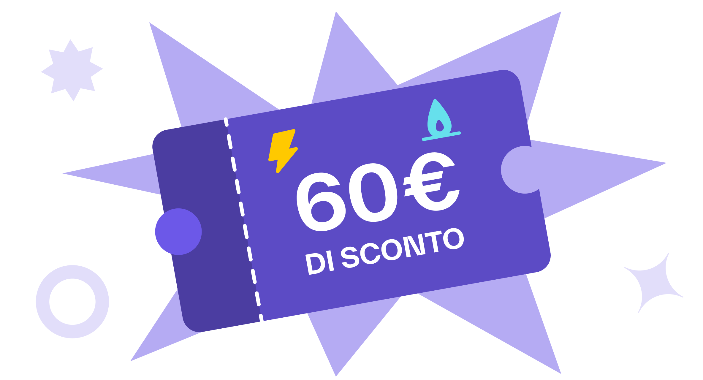 Un badge che riporta la scritta "60€ di sconto" al suo interno e un icona che indica la luce e una il gas