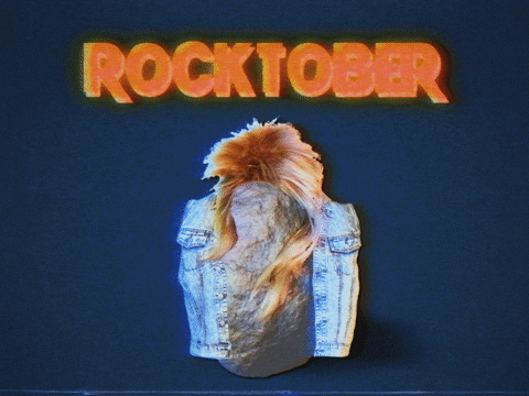 Questa GIF è di GIF imgur.com Una roccia con un mullet che rotola, mentre dietro campeggia la scritta "Rocktober"