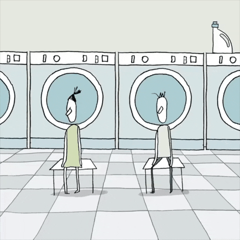 Questa GIF è di Yuval Robichek Un'illustrazione di una coppia in lavanderia: i due si guardano e le loro teste iniziano a seguire il movimento del cestello