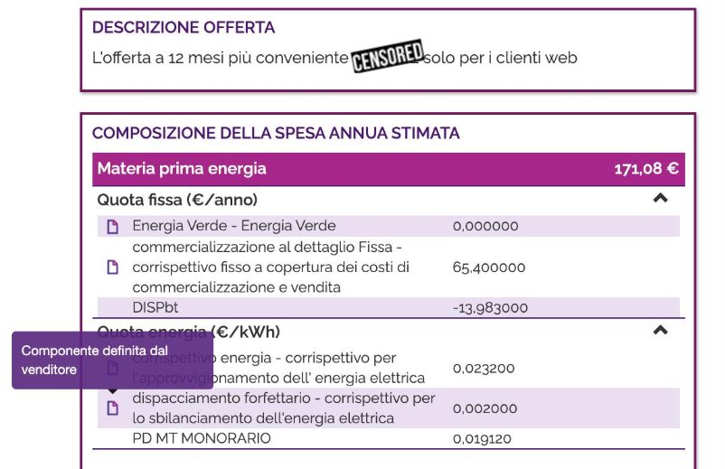 Un esempio di come il Portale Offerte mostra i valori scelti dai venditori