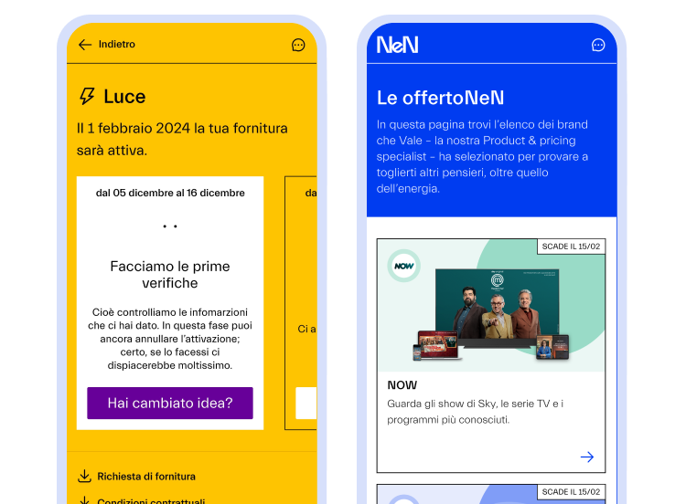 Un'immagine che mostra il funzionamento dell'app durante il processo di attivazione della fornitura e la pagina delle Offerte, dove si trova un elenco dei brand che abbiamoa selezionato per provare a toglierti altri pensieri, oltre quello dell’energia.