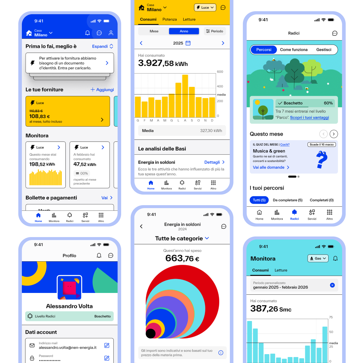 Un'immagine descrittiva della nostra app che mostra varie schermate e le loro funzioni