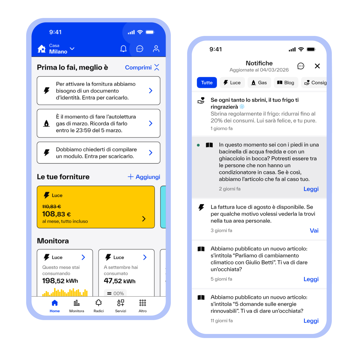 Un'immagine della sezione "Profilo energetico" della nostra app: contiene delle notifiche con consigli personalizzati per usare meglio l'energia.