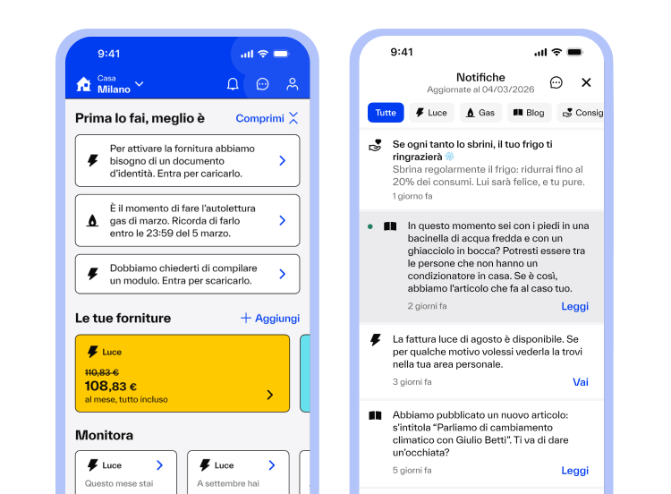 Un'immagine della sezione "Profilo energetico" della nostra app: contiene delle notifiche con consigli personalizzati per usare meglio l'energia.